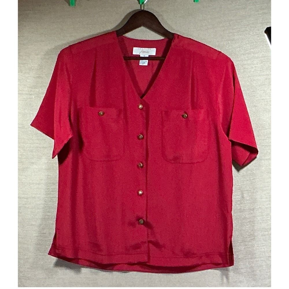 Vtg Fashion Attitudes Blouse Women's 10 Red Button Up w/Gold Buttons